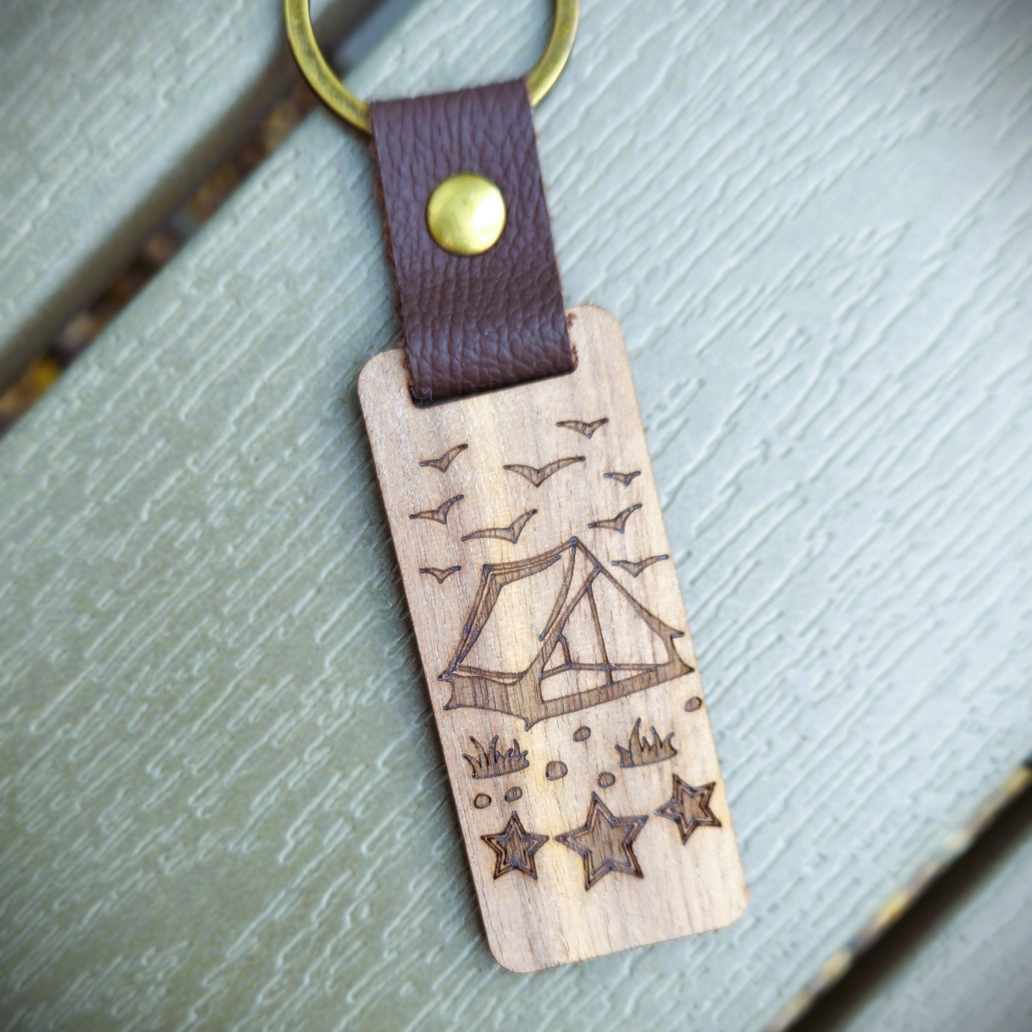Camping Scene Wood Keychain