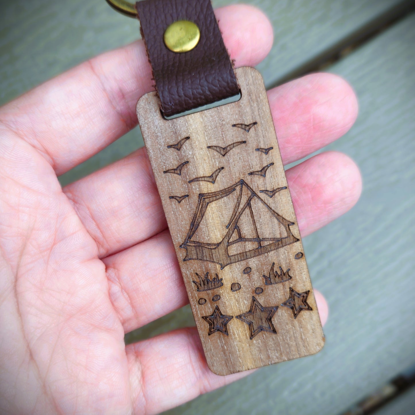 Camping Scene Wood Keychain