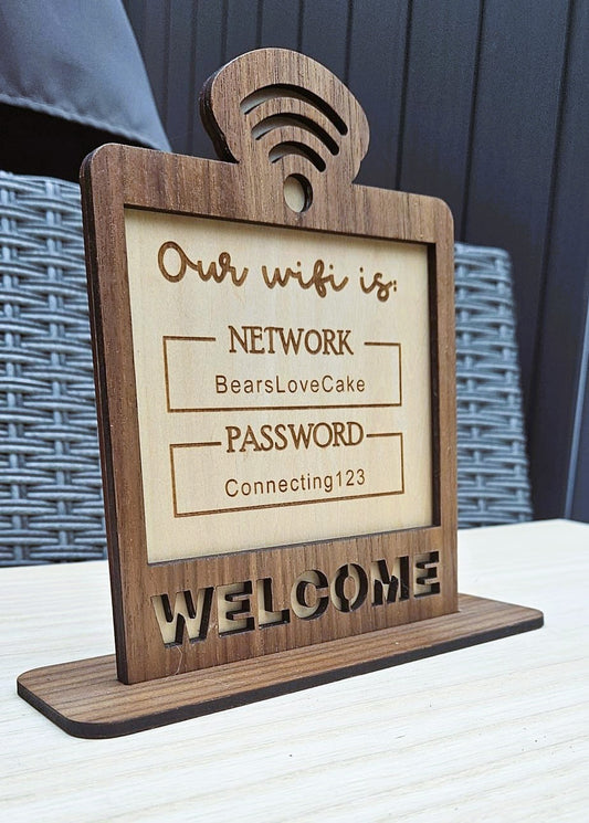 Walnut WiFi Welcome Sign with Removable Stand