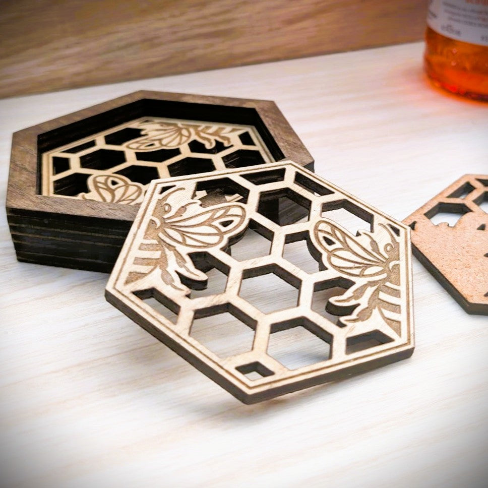 Hexagonal Honeycomb Bee Coaster Set with Holder