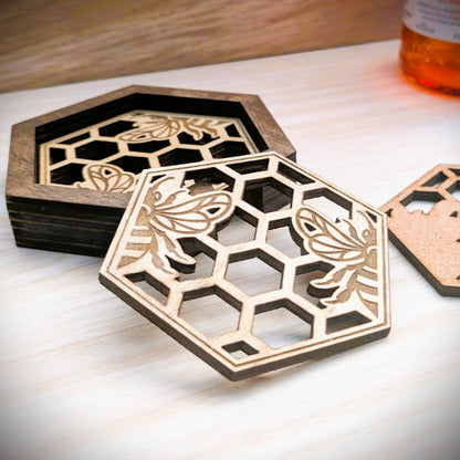 Hexagonal Honeycomb Bee Coaster Set with Holder