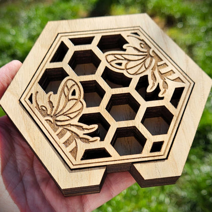 Hexagonal Honeycomb Bee Coaster Set with Holder