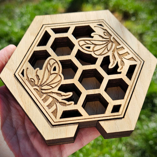 Hexagonal Honeycomb Bee Coaster Set with Holder