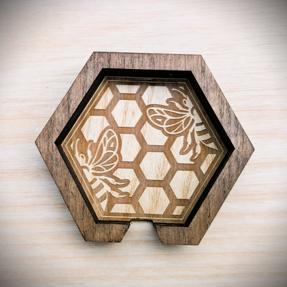 Hexagonal Honeycomb Bee Coaster Set with Holder