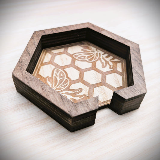 Hexagonal Honeycomb Bee Coaster Set with Holder