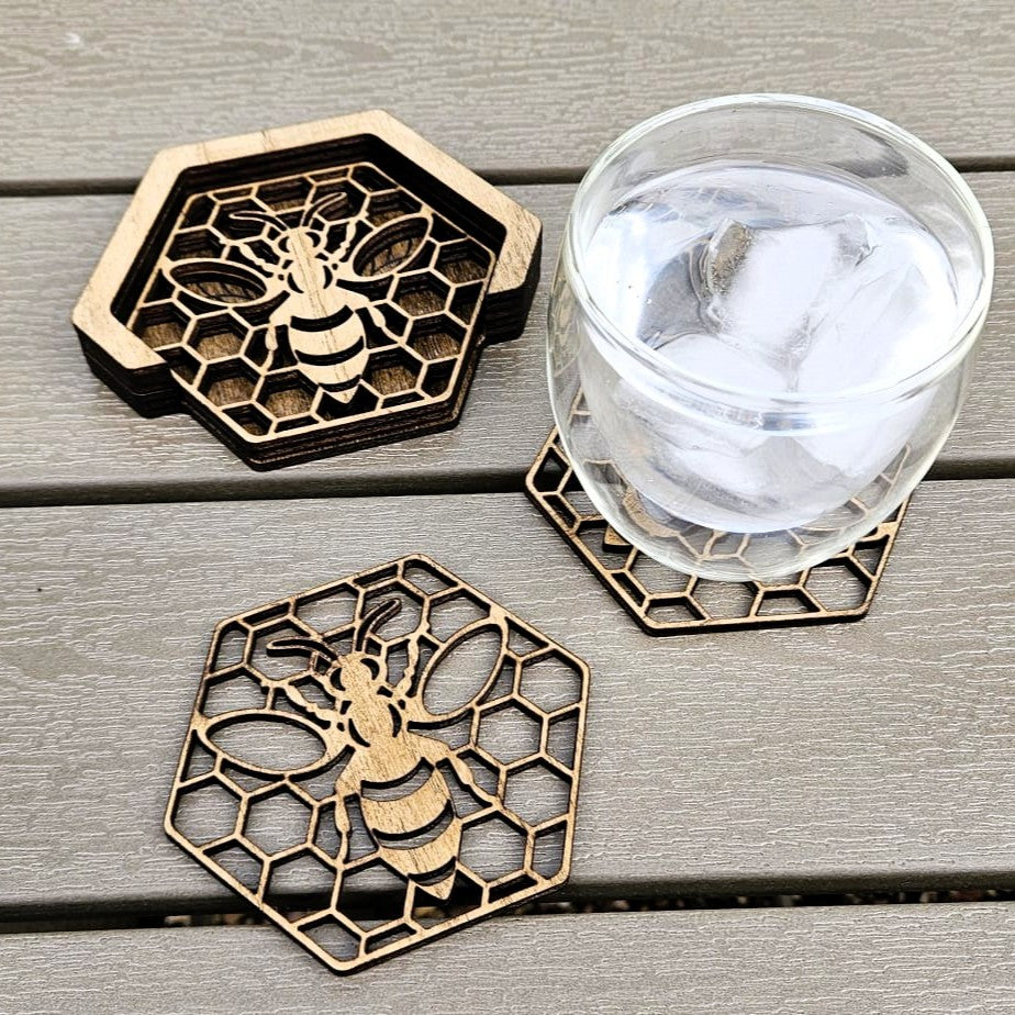 Honeycomb Bee Wooden Coaster Set